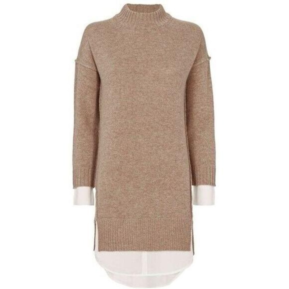 Brochu Walker Wool Cashmere Blend Mock Neck Sweater Taupe White Shirt Hem